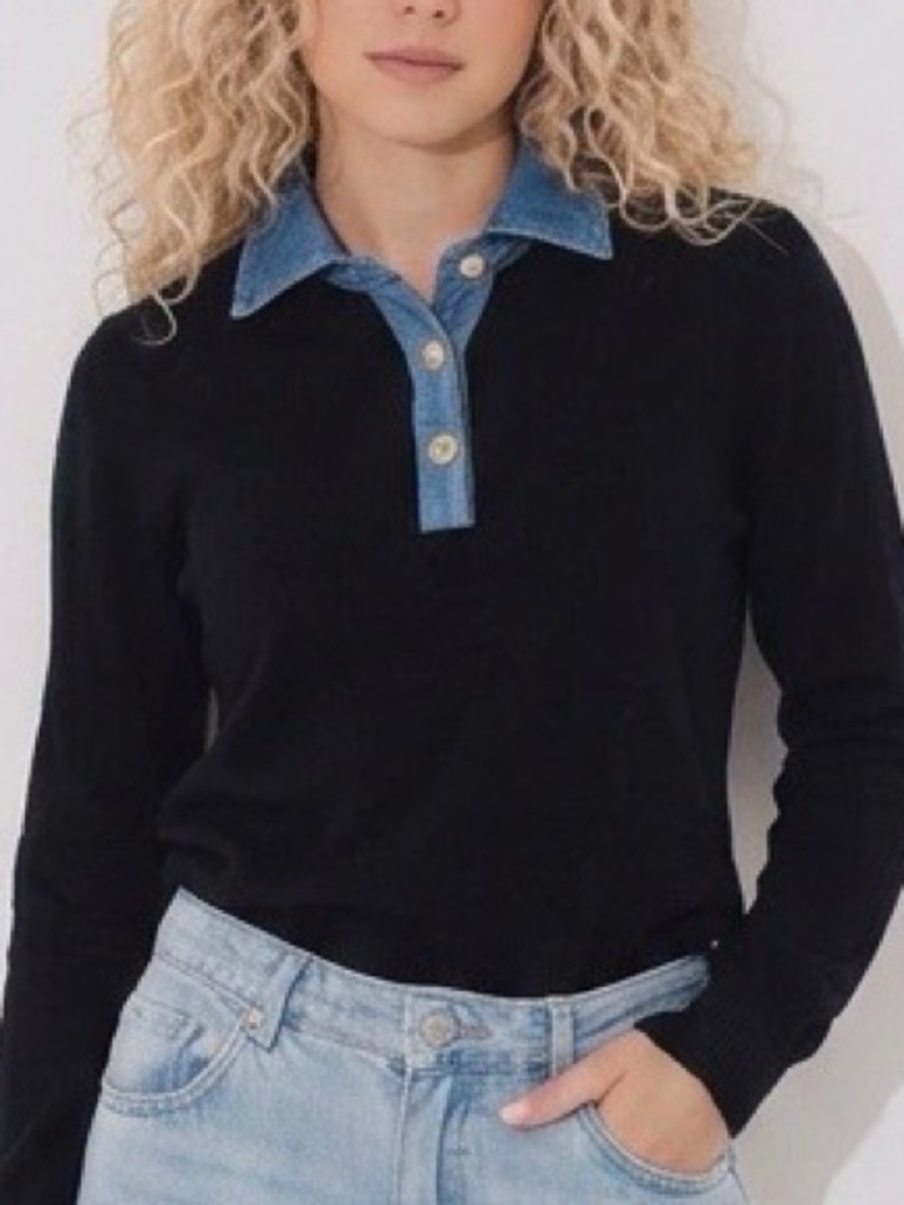 French Connection Black Knit Sweater with Blue Denim & Gold Button Collar XS💙